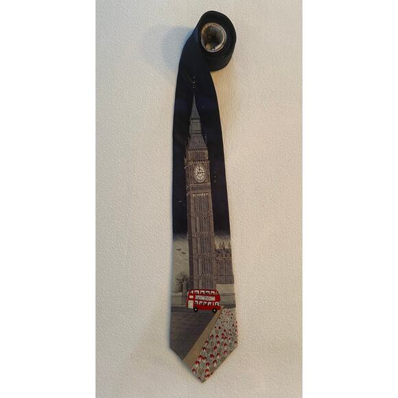 Elegance London Silk Hand Made Necktie Big Ben & Double Decker Bus  3.75" x 61” - Picture 1 of 5